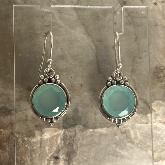 Sterling Silver 925 YS India Round Faceted Chalcedony Quartz Dangle Earrings - Picture 2 of 16